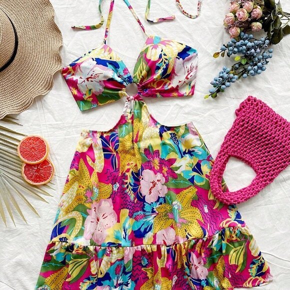 Multicolor Boho Women's Vacation Short Tropical Beach Halter Strap Mini Dress